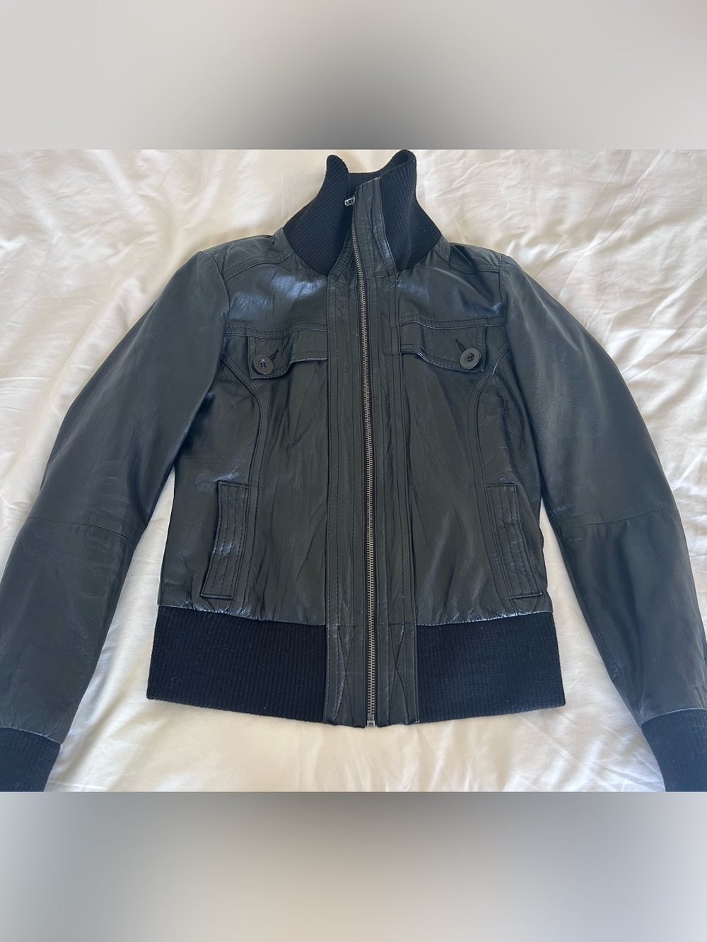 Bershka Black Leather Bomber Jacket with Ribbed Trim